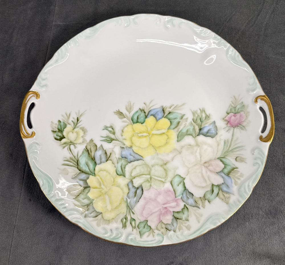 German 1900’s Pierced Handled Platter W/Pink Yellow & Green Floral Gold Handles